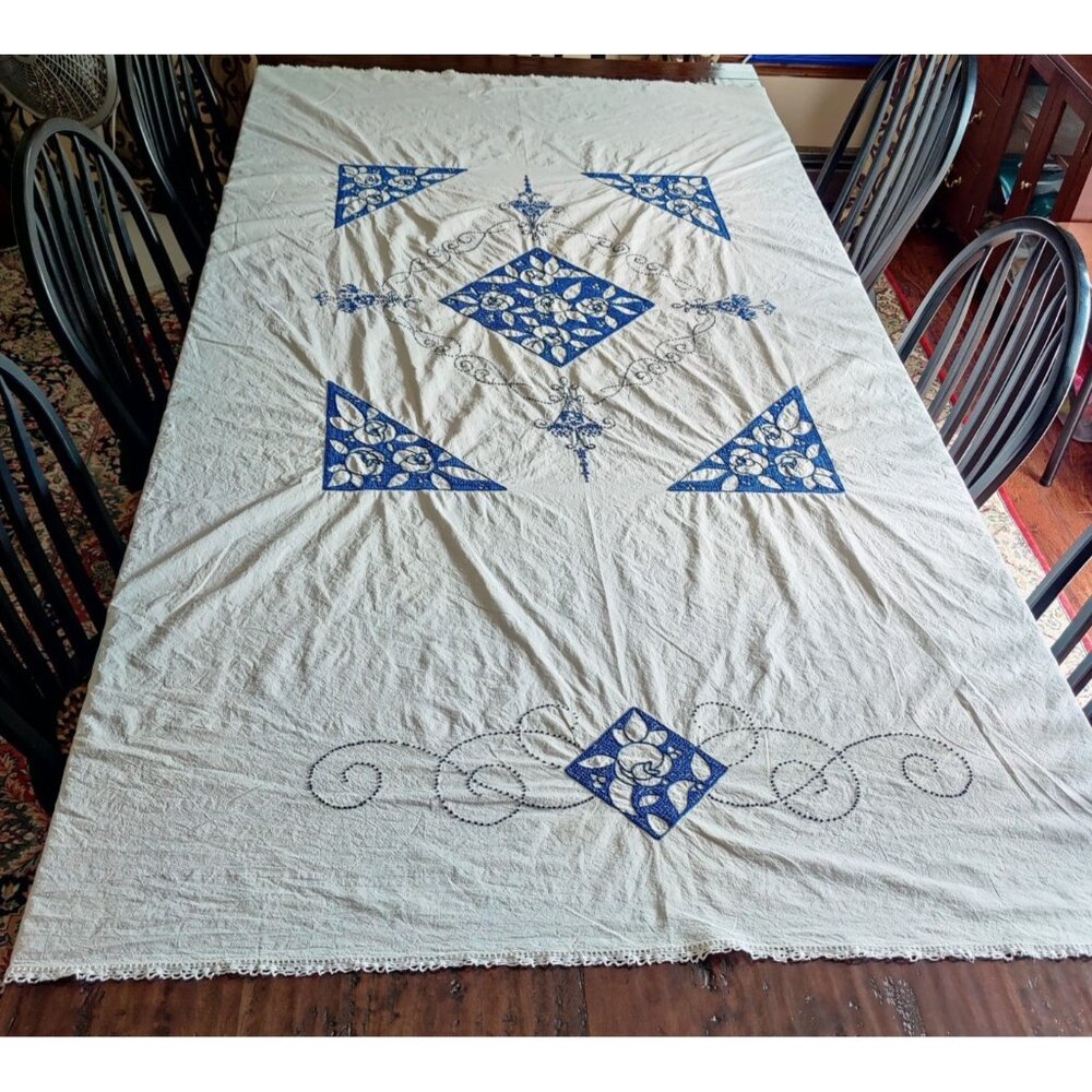 GORGEOUS! Antique Blue Floral Embroidered Tablecloth Farmhouse Crocheted Trim